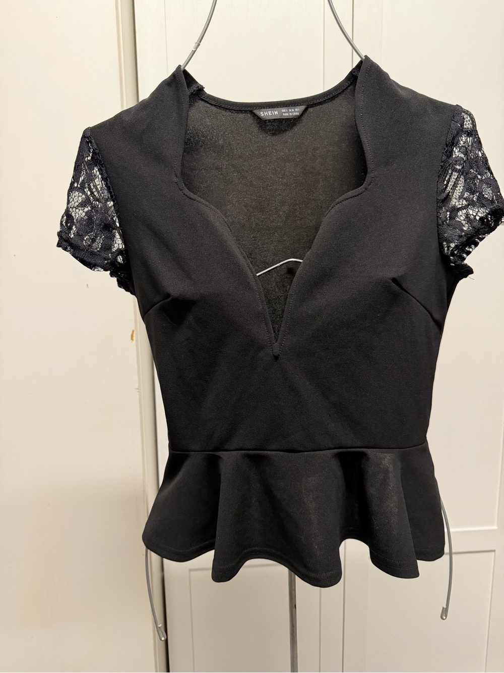 SHEIN Black Peplum Top with Lace Short Sleeves